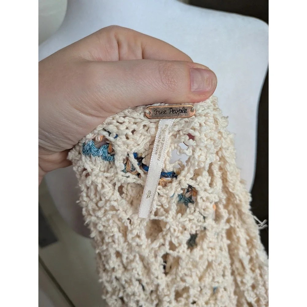 Free People Sunblock Cardigan Boho Crochet Fringe Duster Ivory Blue Small